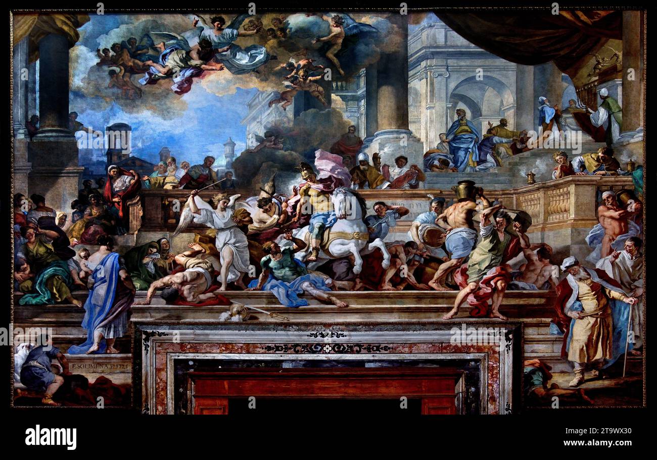 Contre-façade. Expulsion d'Héliodore du Temple. Auteur Francesco Solimena. Chiesa del Gesu Nuovo, Église du Nouveau Jésus, Naples, Italie, Italien, beaux-arts. L'architecture baroque a été achevée en 1750. L'expulsion d'Héliodore - Héliodore, a été envoyé par le roi de Syrie Séleucus, pour reprendre le Trésor conservé dans le temple de Jérusalem. À la demande du grand prêtre Onias, Dieu envoie un cavalier assisté de deux jeunes qui battent et bannirent Héliodore. Banque D'Images Contre-façade. Expulsion d'Héliodore du Temple. Auteur Francesco Solimena. Chiesa del Gesu Nuovo, Église du Nouveau Jésus, Naples, Italie, Italien, beaux-arts. L'architecture baroque a été achevée en 1750. L'expulsion d'Héliodore - Héliodore, a été envoyé par le roi de Syrie Séleucus, pour reprendre le Trésor conservé dans le temple de Jérusalem. À la demande du grand prêtre Onias, Dieu envoie un cavalier assisté de deux jeunes qui battent et bannirent Héliodore. Banque D'Images