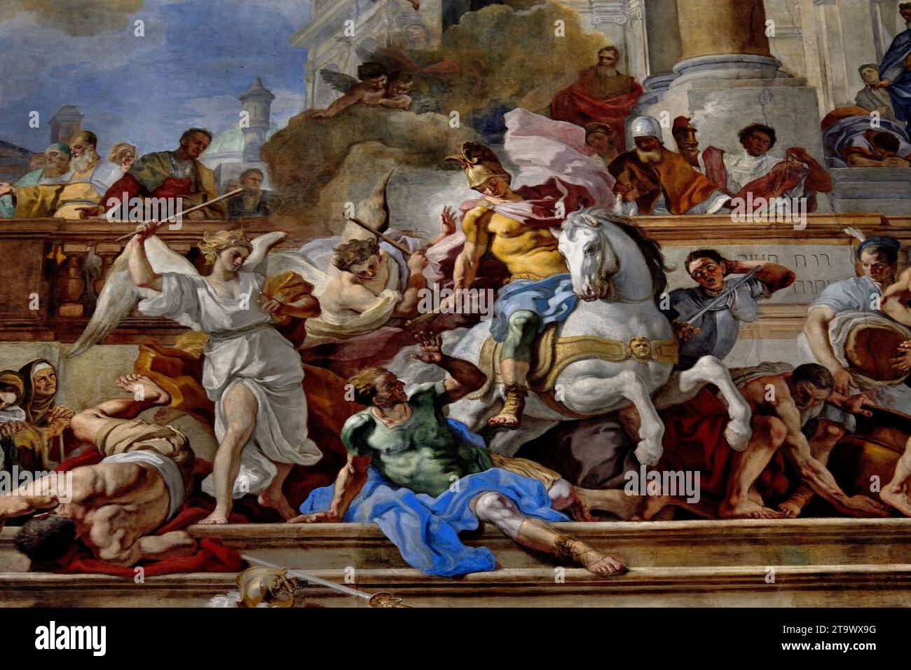 Contre-façade. Expulsion d'Héliodore du Temple. Auteur Francesco Solimena. Chiesa del Gesu Nuovo, Église du Nouveau Jésus, Naples, Italie, Italien, beaux-arts. L'architecture baroque a été achevée en 1750. L'expulsion d'Héliodore - Héliodore, a été envoyé par le roi de Syrie Séleucus, pour reprendre le Trésor conservé dans le temple de Jérusalem. À la demande du grand prêtre Onias, Dieu envoie un cavalier assisté de deux jeunes qui battent et bannirent Héliodore. Banque D'Images Contre-façade. Expulsion d'Héliodore du Temple. Auteur Francesco Solimena. Chiesa del Gesu Nuovo, Église du Nouveau Jésus, Naples, Italie, Italien, beaux-arts. L'architecture baroque a été achevée en 1750. L'expulsion d'Héliodore - Héliodore, a été envoyé par le roi de Syrie Séleucus, pour reprendre le Trésor conservé dans le temple de Jérusalem. À la demande du grand prêtre Onias, Dieu envoie un cavalier assisté de deux jeunes qui battent et bannirent Héliodore. Banque D'Images