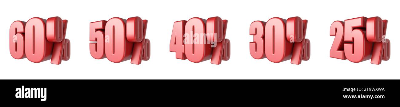 25, 30, 40, 50, 60 signes de pourcentage rouge illustration de rendu 3D isolée sur fond blanc Banque D'Images