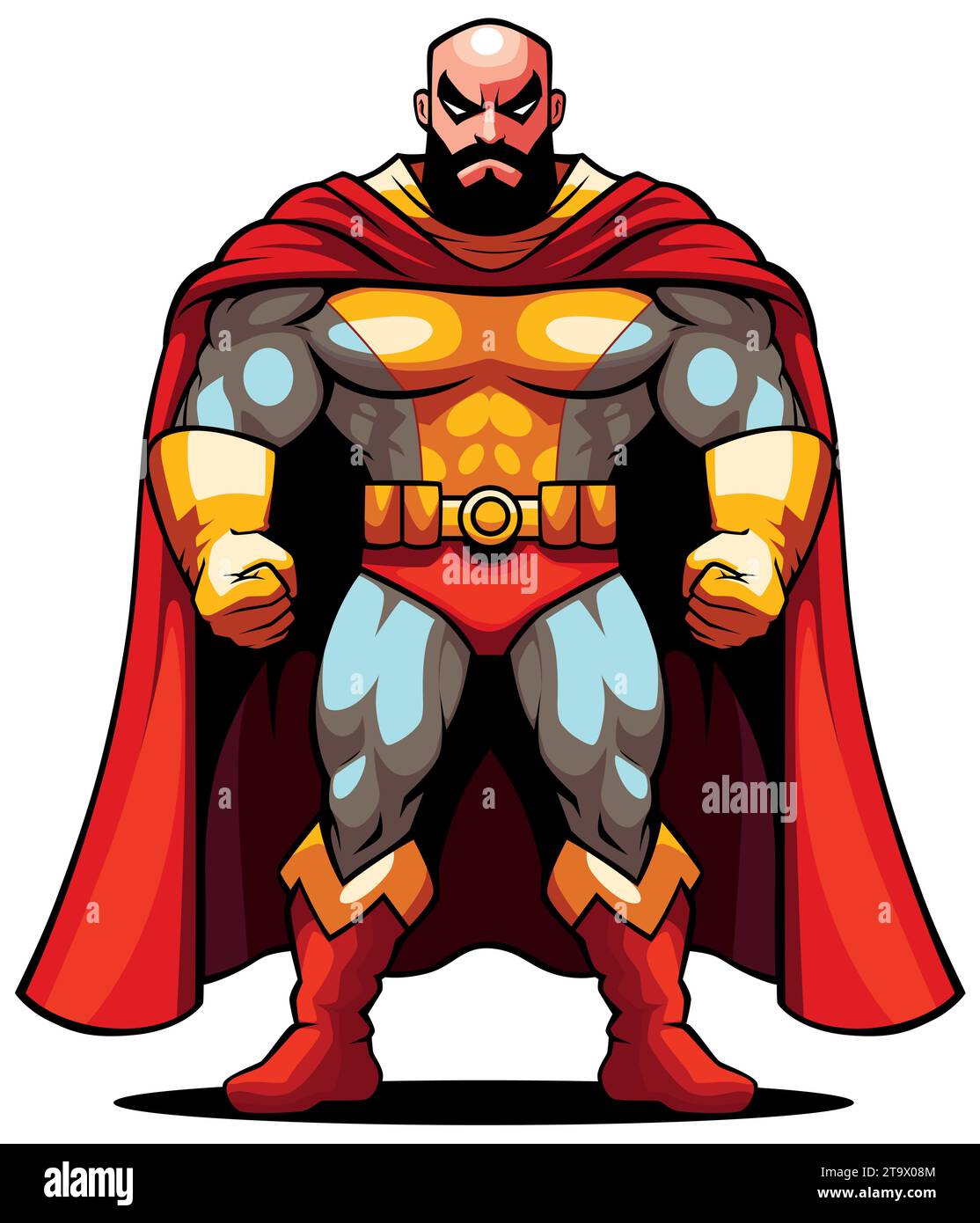 Super-héros chauve avec un look sévère, portant un costume coloré et une cape rouge. Illustration de Vecteur