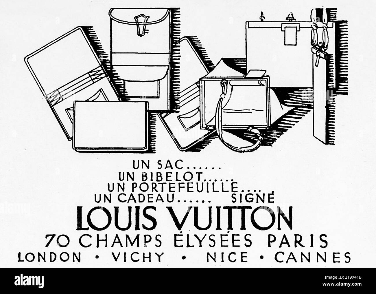 Publicité vintage des années 1920 présentant une sélection de sacs et portefeuilles de luxe Louis Vuitton, parfaits pour les cadeaux, avec des emplacements de magasins prestigieux répertoriés. Banque D'Images