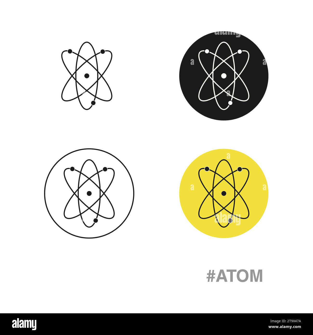 Quatre symboles atomiques sur un fond blanc Banque D'Images