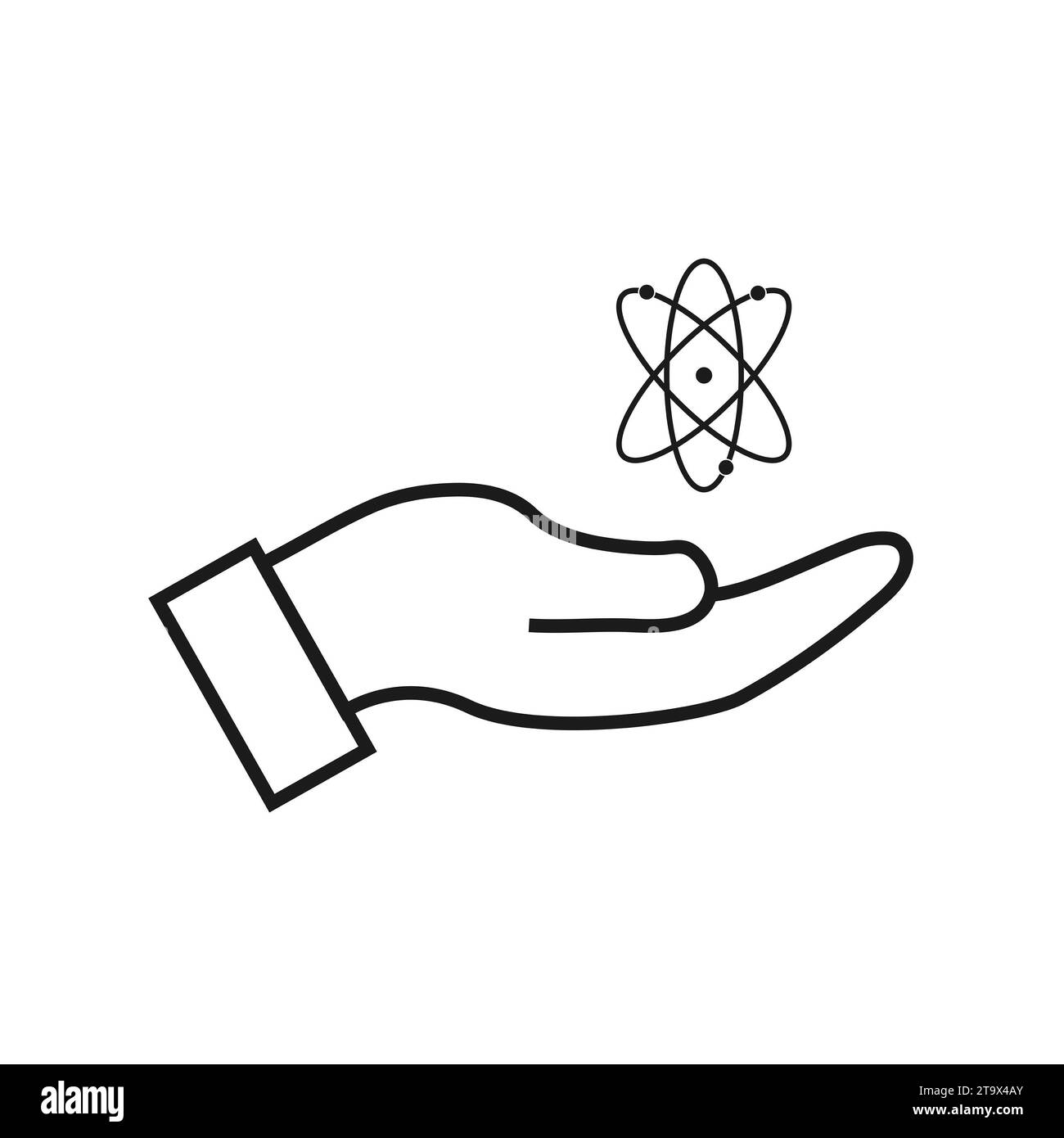 Un signe atomique flottant sur une main humaine sur un fond blanc avec un espace de copie Banque D'Images