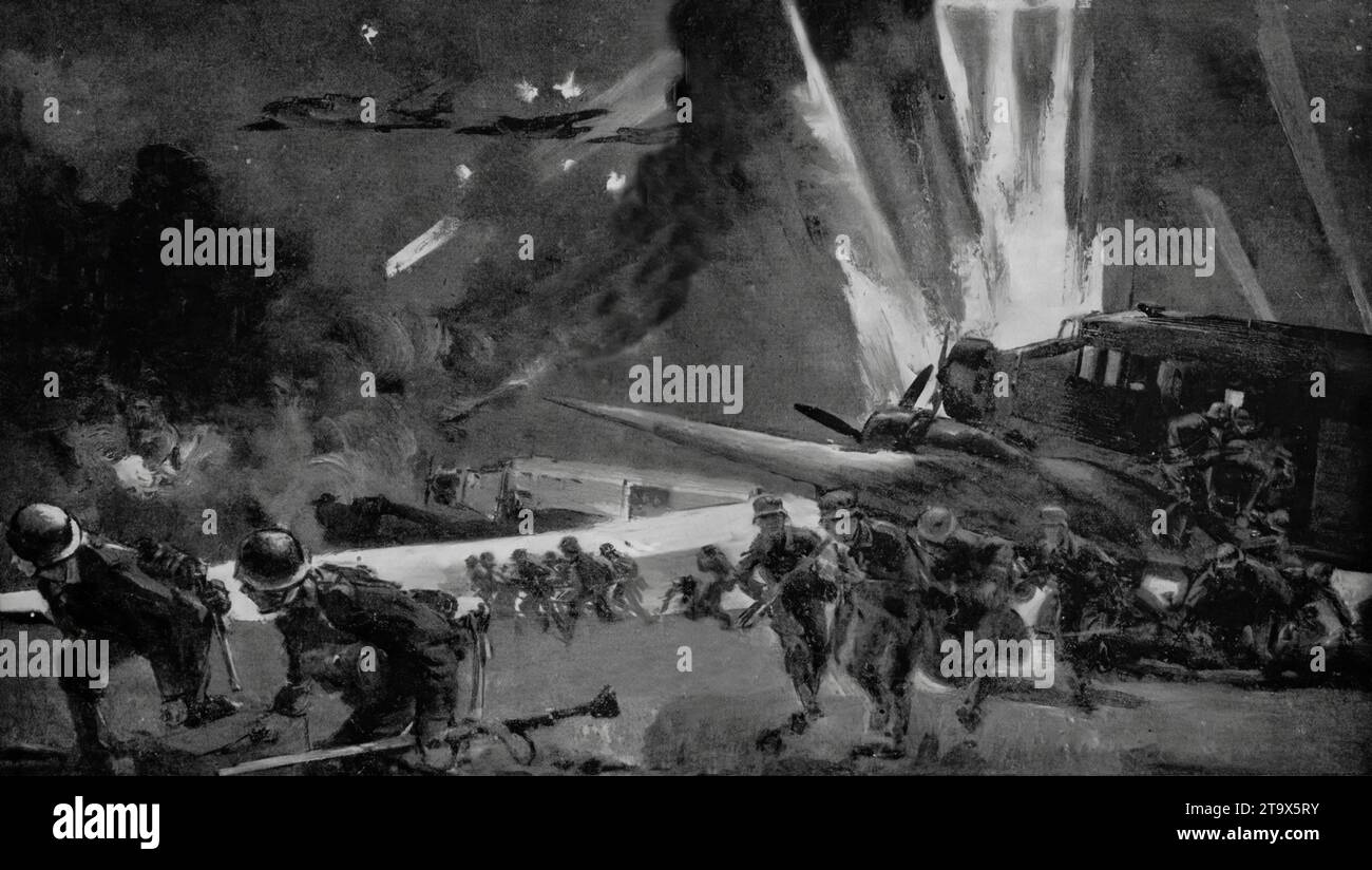 Dans la nuit du 20 mai 1941, pendant la Seconde Guerre mondiale, les parachutistes allemands attaquèrent l'aérodrome de Malema en Crète. Au cours de l'attaque illustrée par Andrew Johnson, montre le débarquement de plus de troupes allemandes sous le feu lourd de l'artillerie alliée, arrivant par des avions et des planeurs pour renforcer les parachutistes. Banque D'Images