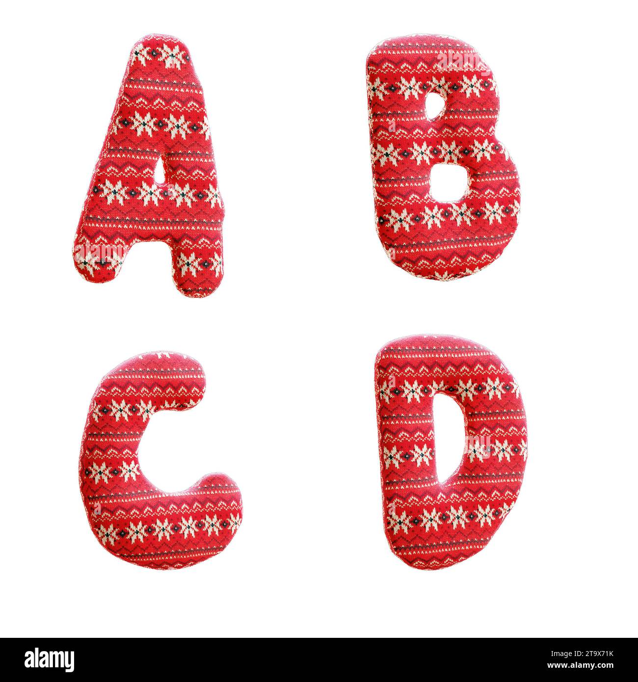 Rendu 3d de l'alphabet de tissu de noël tricoté - lettres A-D. Banque D'Images