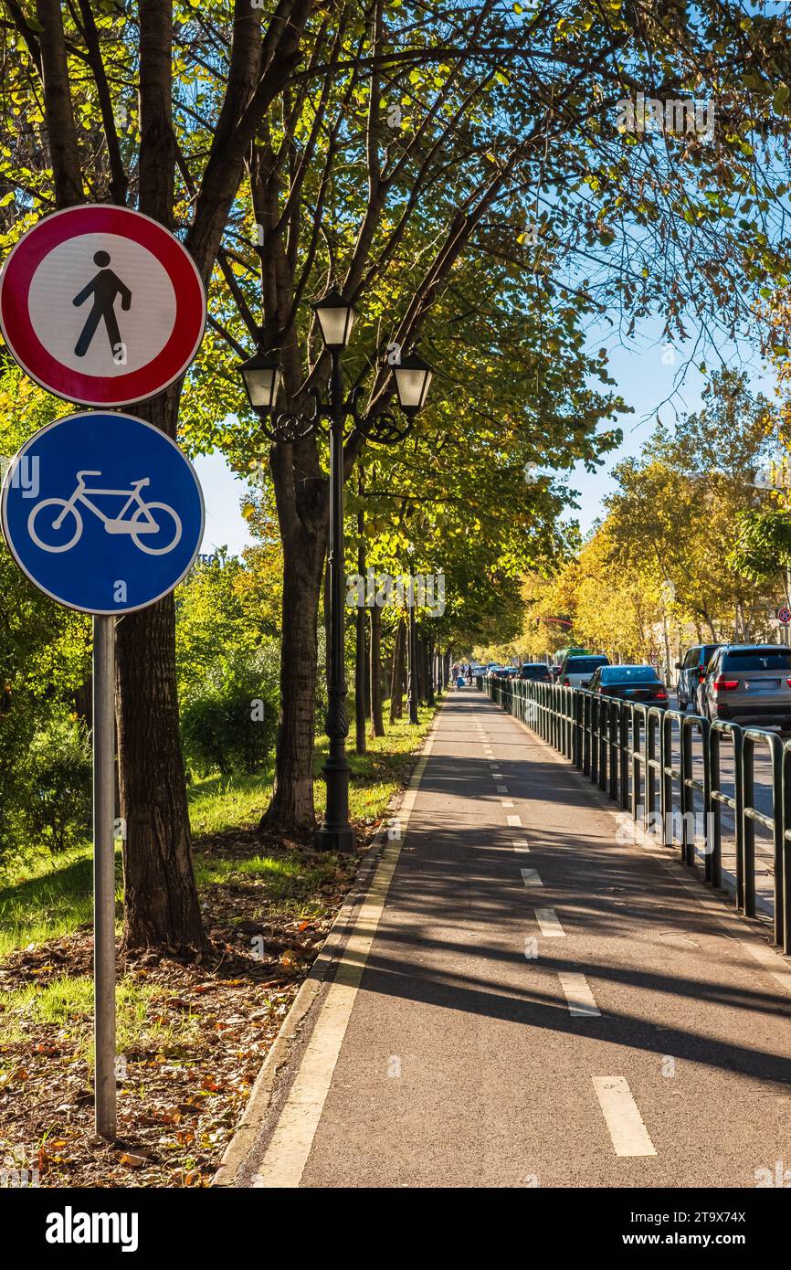 Sport piste cyclable publique et piétonne ou voies à côté de la route piste cyclable, panneau de piste cyclable dans le parc vert d'été. Concept de repos et de détente, exe Banque D'Images