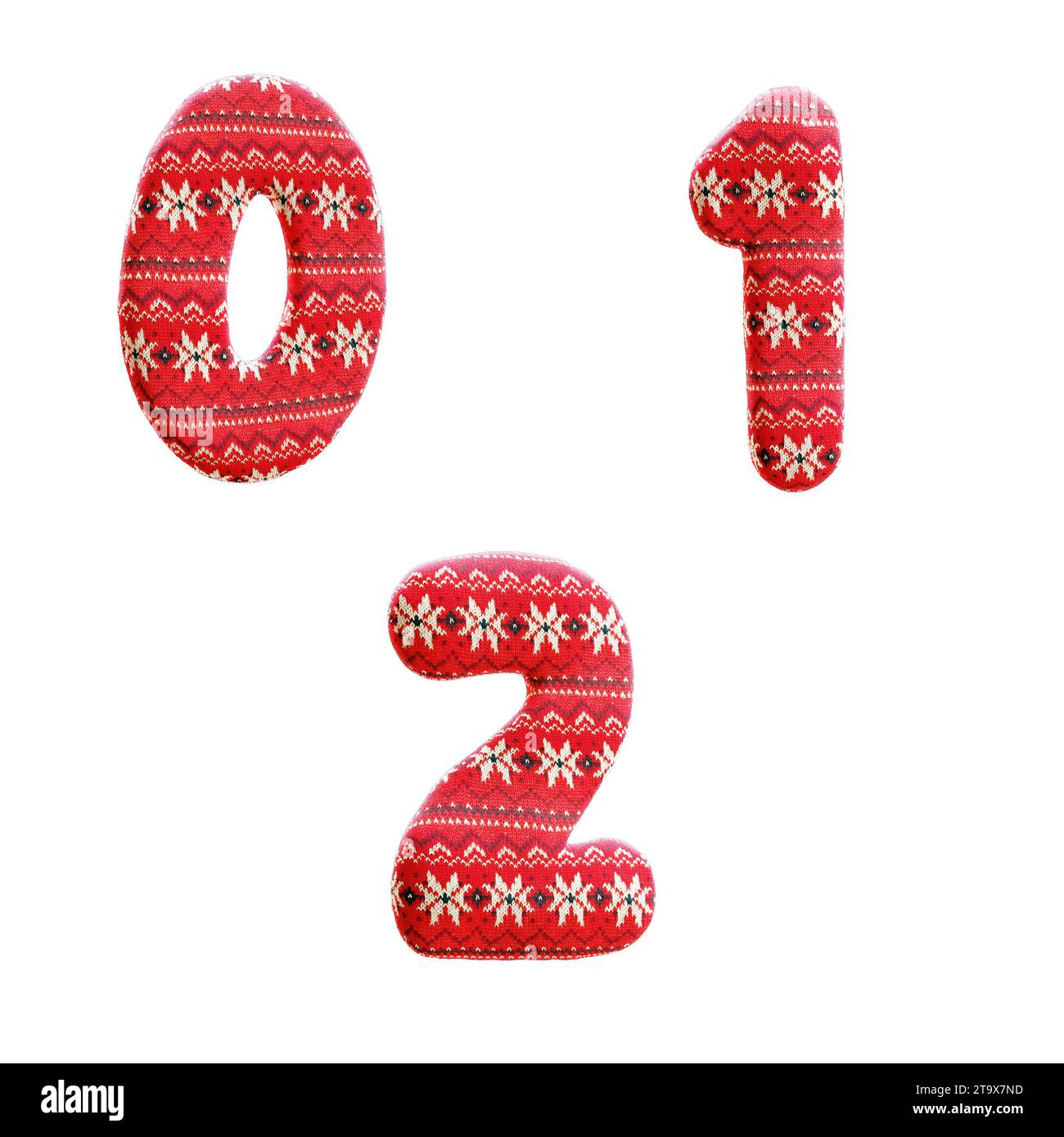 rendu 3d de l'alphabet de tissu de noël tricoté - chiffres 0-2 Banque D'Images