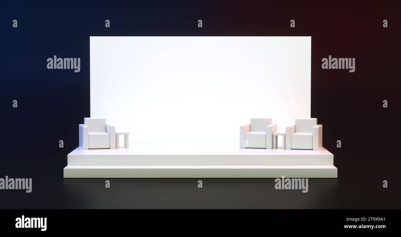 Conception de scène vide pour maquette et identité d'entreprise avec affichage blanc et fauteuil sur fond de studio bleu rouge foncé. Banque D'Images