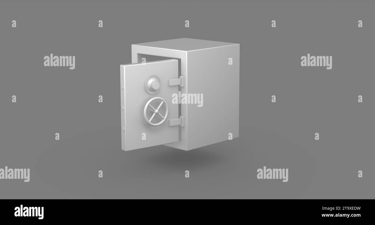 Coffre-fort blanc ouvert de banque sur un fond de studio gris. Concept minimal. Monochrome. Vue en perspective. Rendu 3D. Banque D'Images