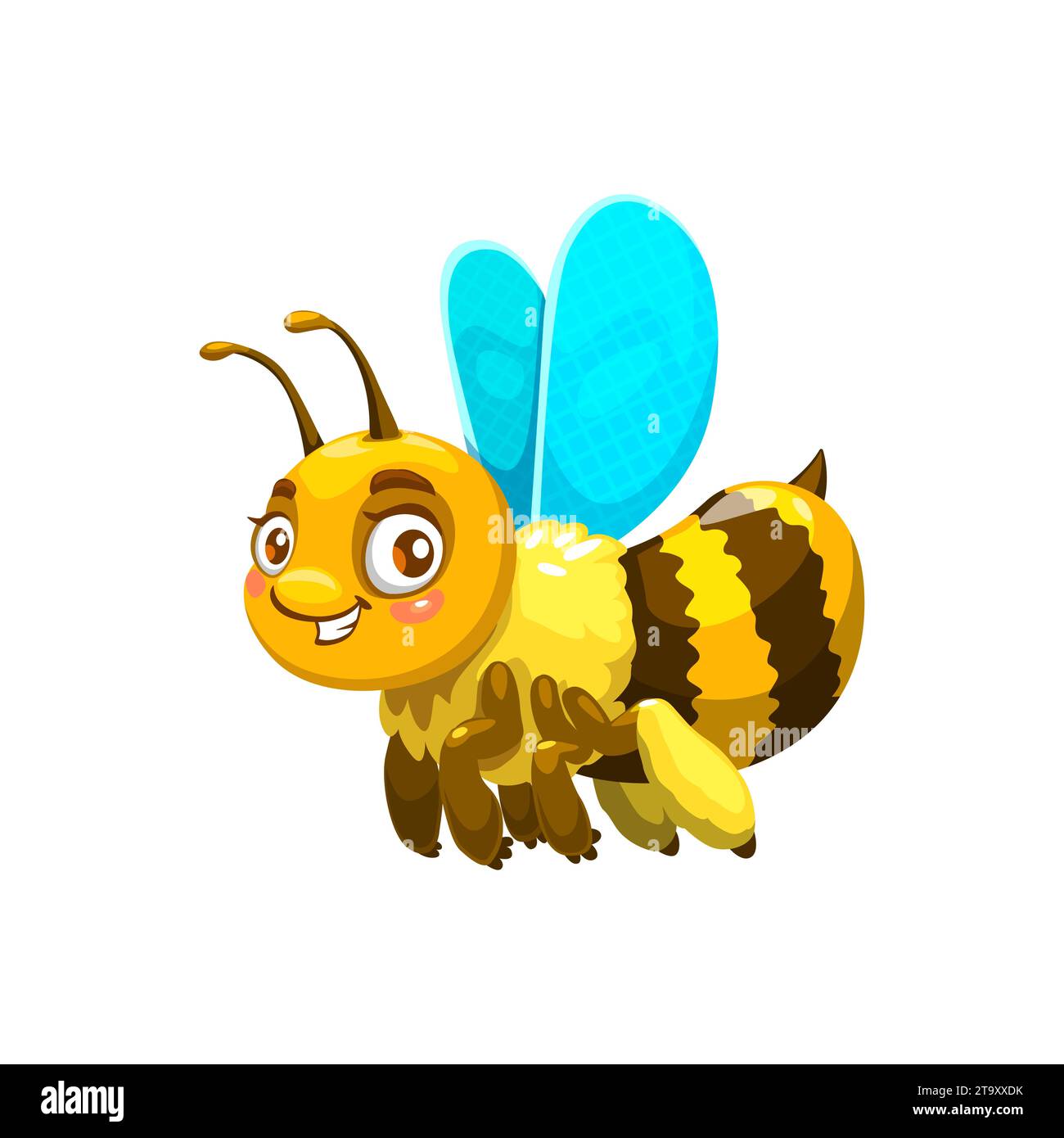 Mignon abeille de dessin animé isolé personnage de vecteur avec des yeux ronds et brillants, des antennes, des rayures jaunes et noires, un sourire amical, et des ailes adorables prêtes à bourrer autour du jardin Illustration de Vecteur
