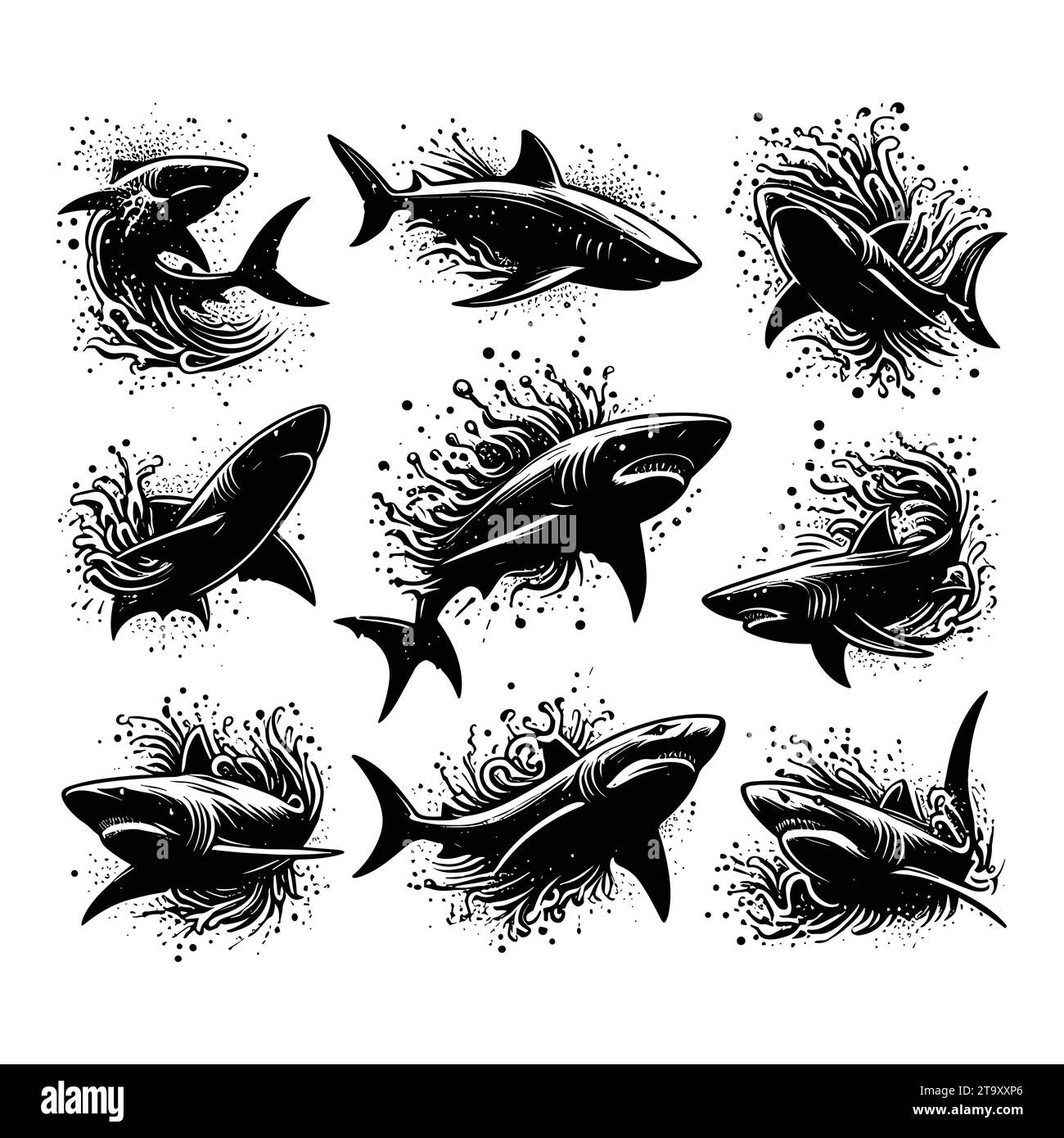 Ensemble de silhouettes de requin isolé sur un fond blanc, illustration vectorielle. Illustration de Vecteur