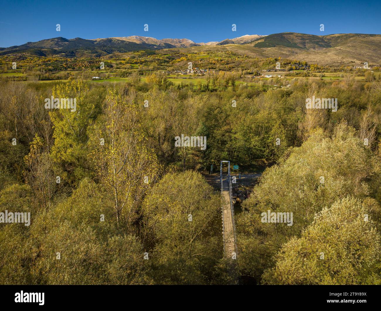 Vue aérienne de la passerelle simple du pont suspendu sur la rivière Segre en automne (Cerdanya, Catalogne, Espagne, Pyrénées) Banque D'Images