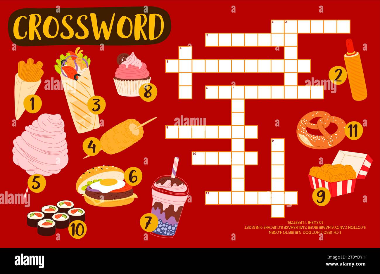 Jeu de mots croisés avec fast-food, desserts et boissons. Feuille de calcul de vecteur de grille de puzzle avec hamburger de bande dessinée, hot dog, nuggets de poulet, rouleaux de sushi et milkshake, cupcake, burrito, maïs et churro Illustration de Vecteur