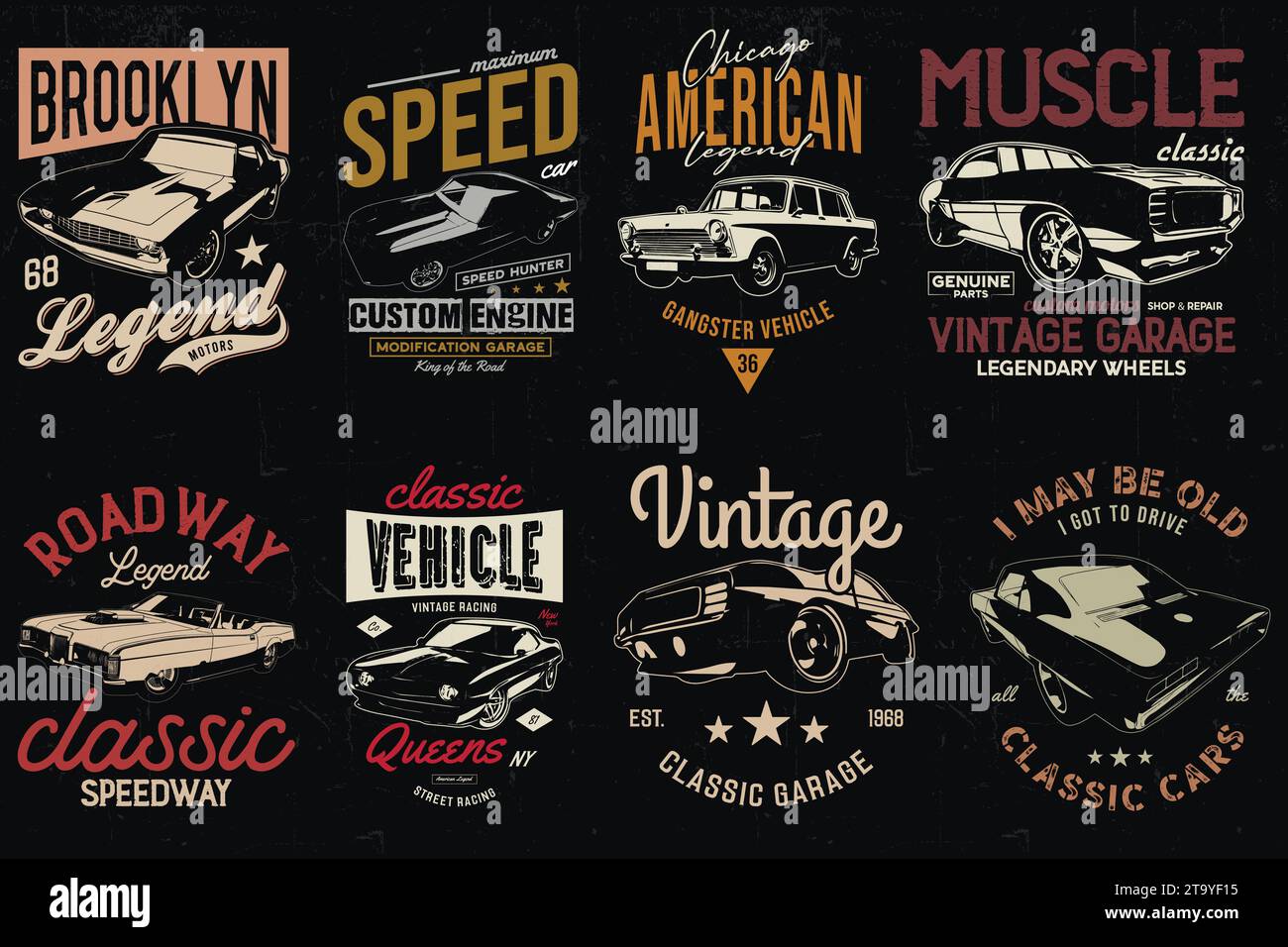 Lot de t-shirts Vintage car Designs. T-shirt American Old Classic cars. Illustration de Vecteur
