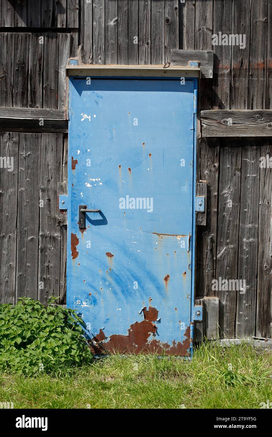 Porte en métal bleu sur un hangar en bois sombre, Allemagne Banque D'Images