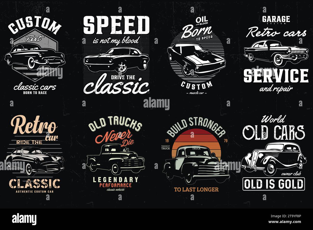ensemble de t-shirts pour voitures classiques. graphique t-shirt vectoriel de voitures vintage américaines. lots de t-shirts de voiture rétro. Illustration de Vecteur