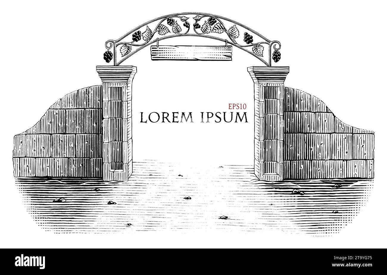 Portail de vignoble dessin à la main de style vintage clip art noir et blanc Illustration de Vecteur