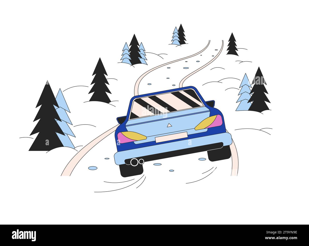 Conduire dans la neige blizzard forêt dessin animé illustration plate Illustration de Vecteur