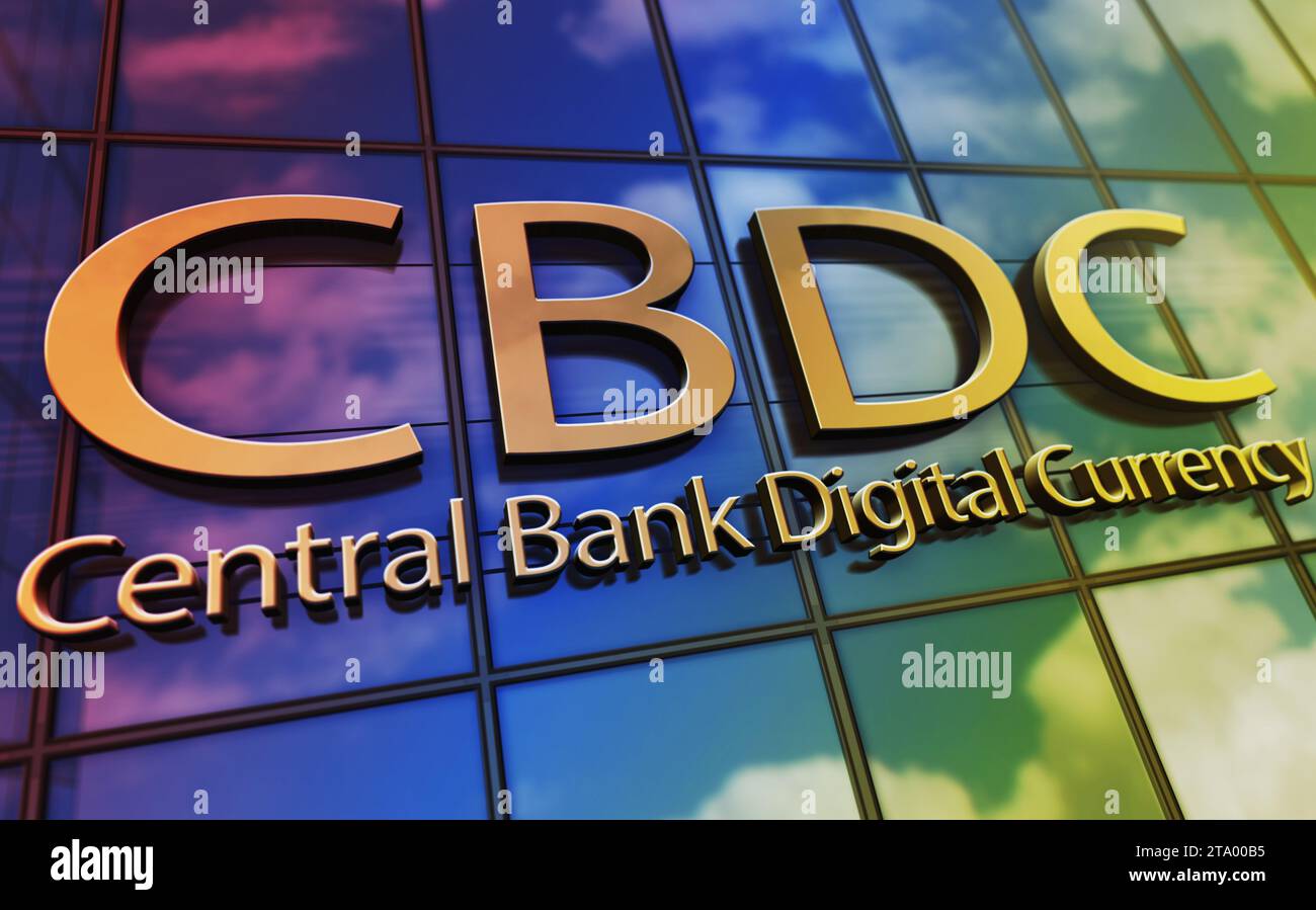 Concept de construction en verre CDBC. Banque centrale Digital Currency crypto monnaie symbole sur l'illustration 3d de la façade avant. Banque D'Images