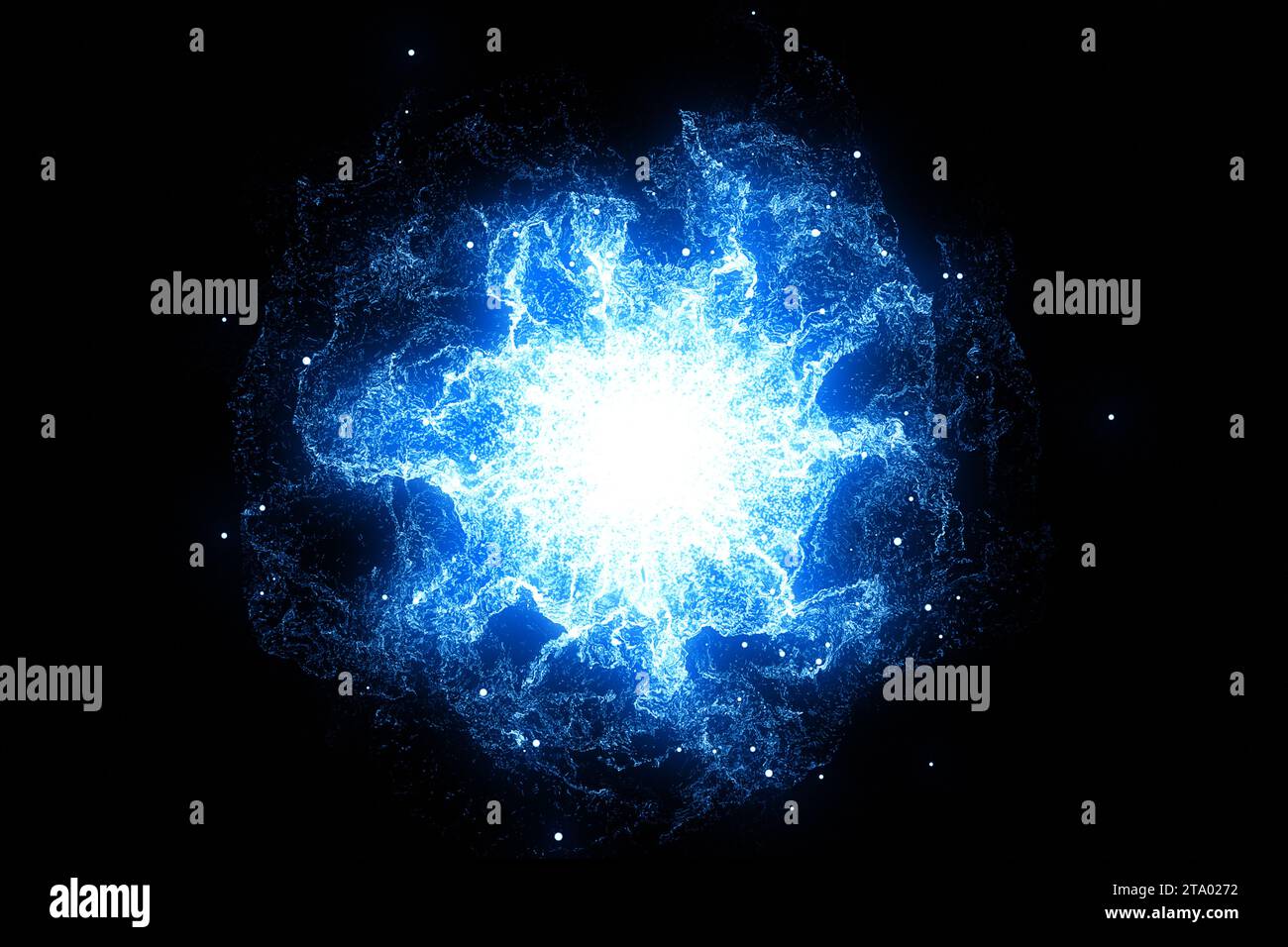 Rendu 3D, énergie bleue d'onde de choc cosmique abstraite sur fond noir, effet de texture Banque D'Images