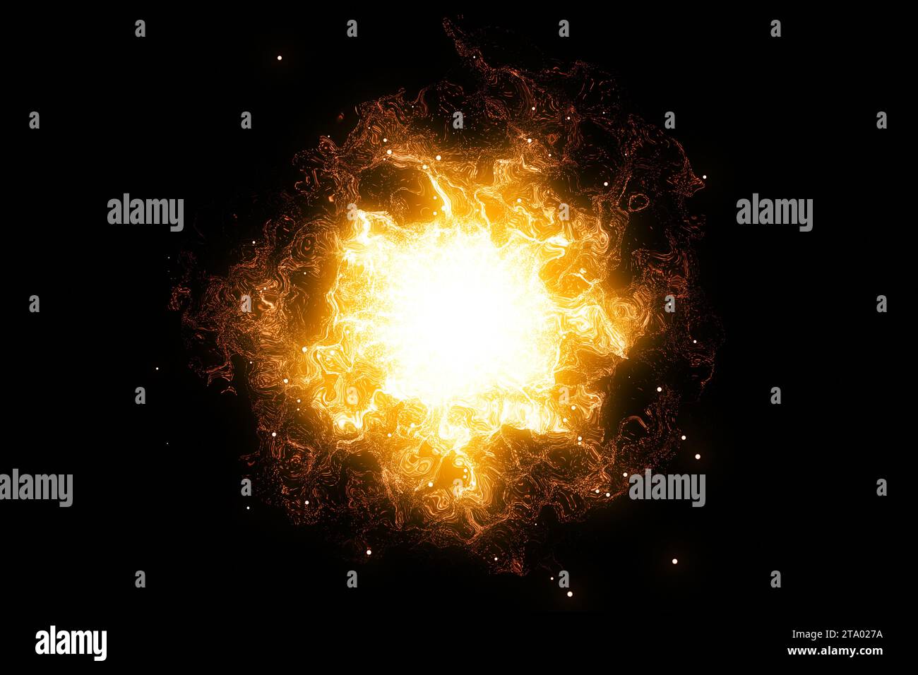 Rendu 3D, explosion cosmique abstraite énergie d'or chaud d'onde de choc sur fond noir, effet de texture Banque D'Images