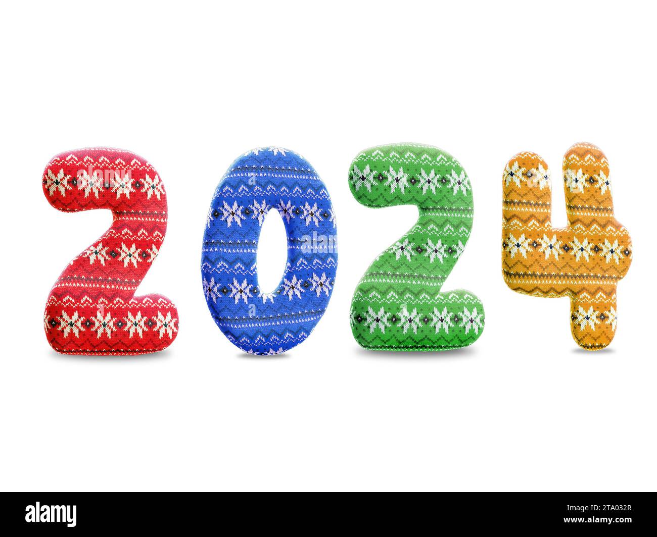 Rendu 3d de la date du nouvel an 2024 arrangé à partir des chiffres tricotés de tissu de noël Banque D'Images
