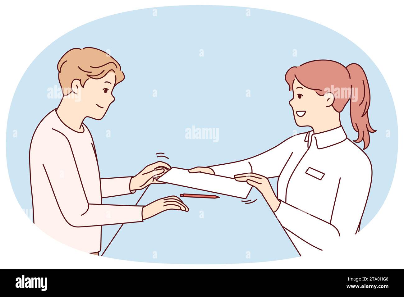 Une réceptionniste donne le document à signer pour le client à l'hôtel. Une femme administratrice doit remettre les documents au client pour signature à la réception. Illustration vectorielle. Illustration de Vecteur