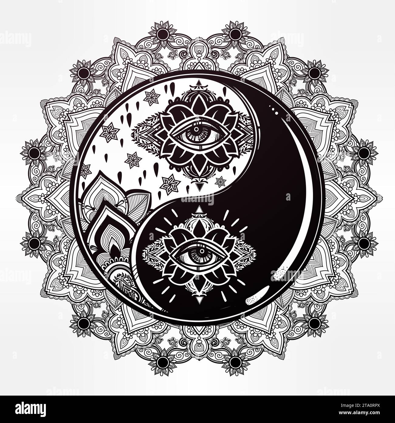 Symbole Mandala Yin et yang Boho. Illustration isolée vectorielle. Vintage décoratif oriental symbole d'harmonie, d'équilibre. Tatouage, yoga, spiritualité, te Banque D'Images