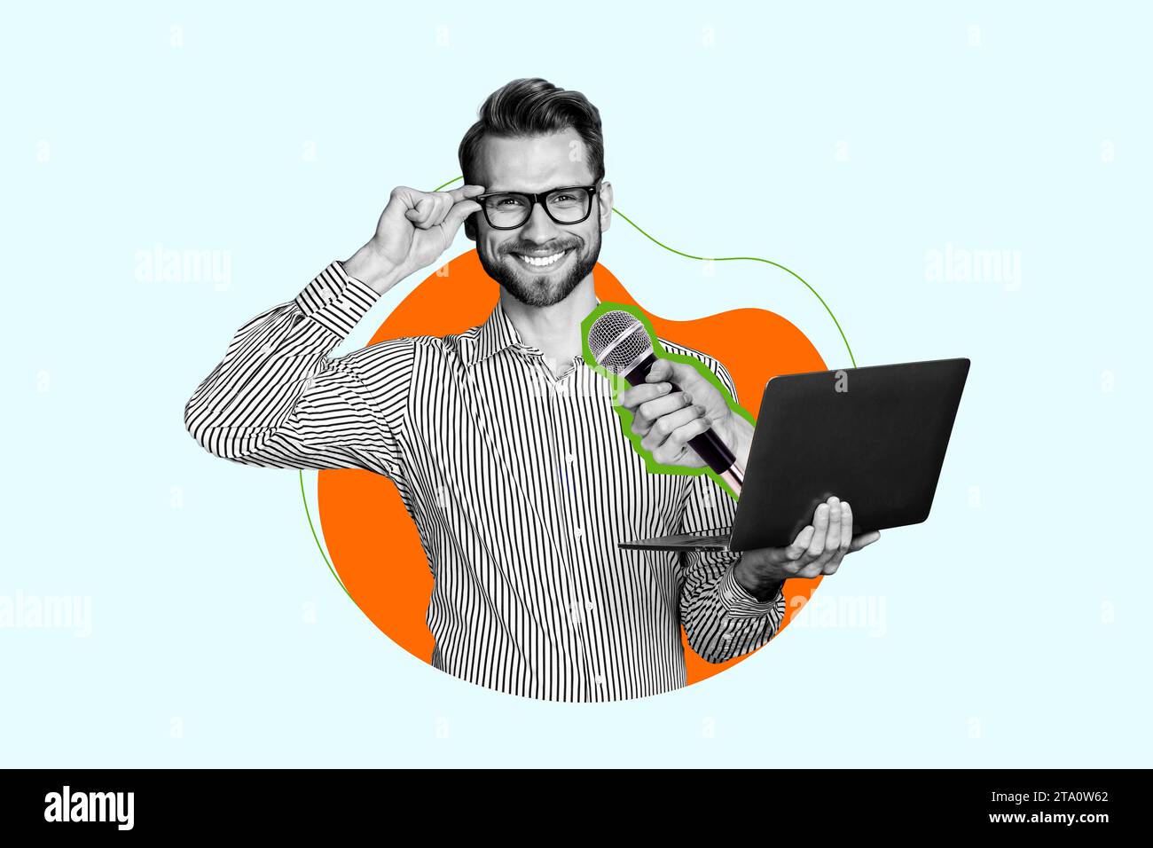 Poster bannière image image de collage de travailleur gars ont une interview en ligne avec journaliste Hold mic Banque D'Images