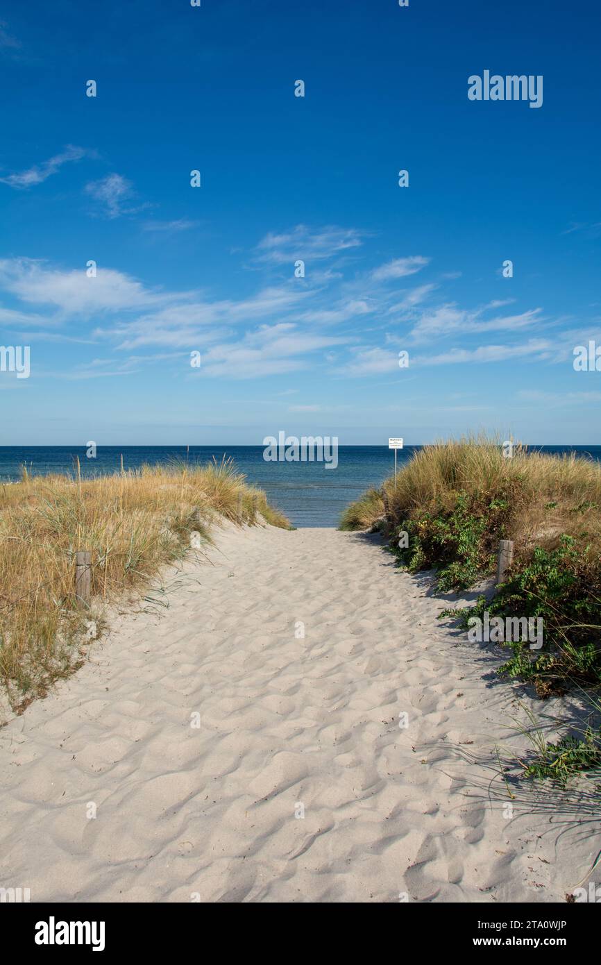 Chemin entre les dunes de sable surplombant la mer avec ciel bleu. Avec panneau « Grones - Veuillez garder vos distances - risque d'accident » Banque D'Images