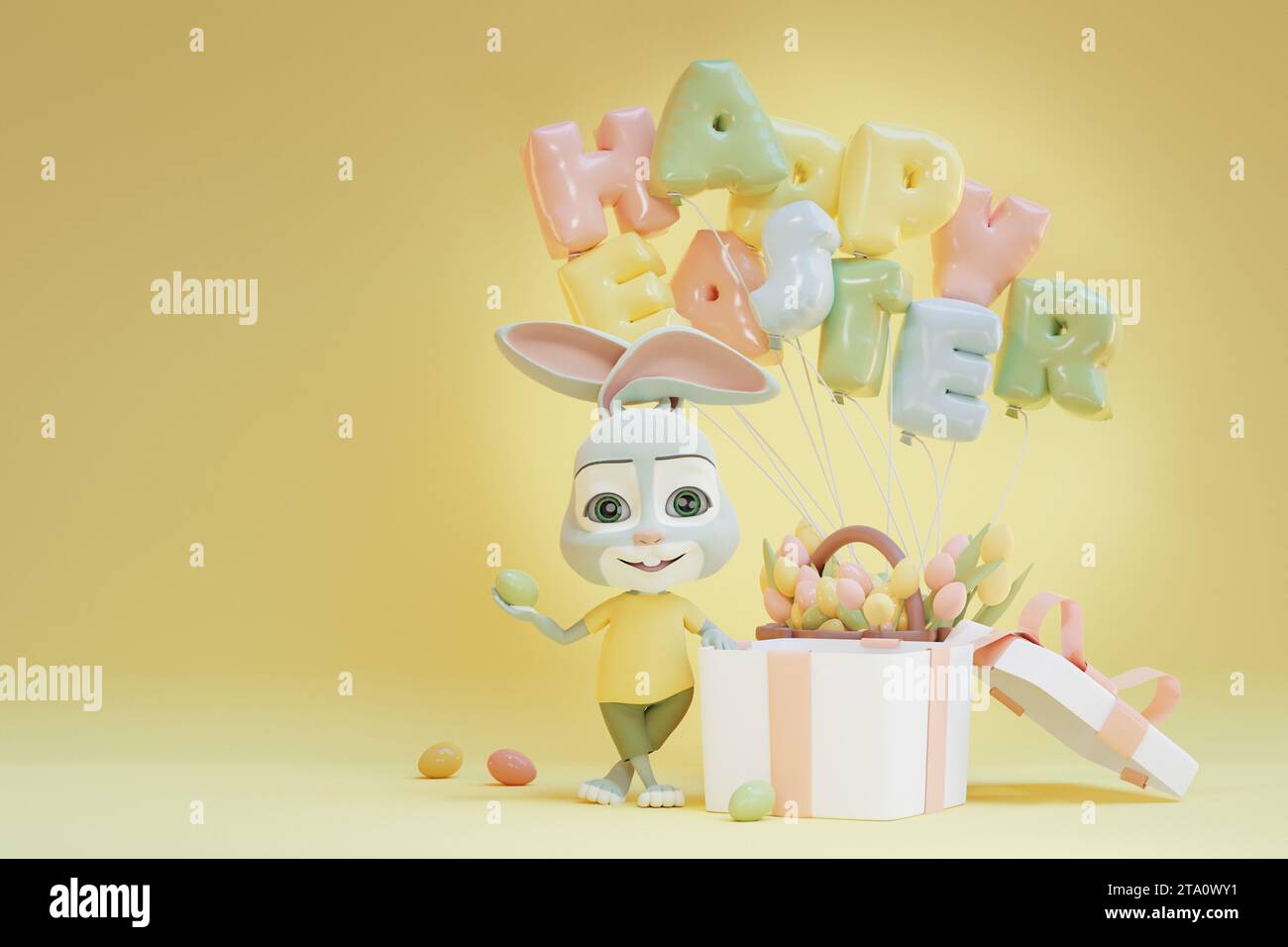 Mignon lapin restant avec la boîte cadeau de pâques et des ballons. Rendu 3D. Banque D'Images
