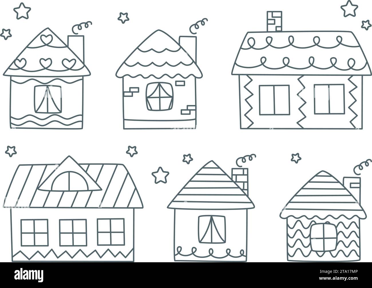 Doodle Houses Set illustration vectorielle. Mignons cottages dessinés à la main pour les familles. Contour d'encre simple de bâtiment résidentiel rural isolé sur blanc Illustration de Vecteur