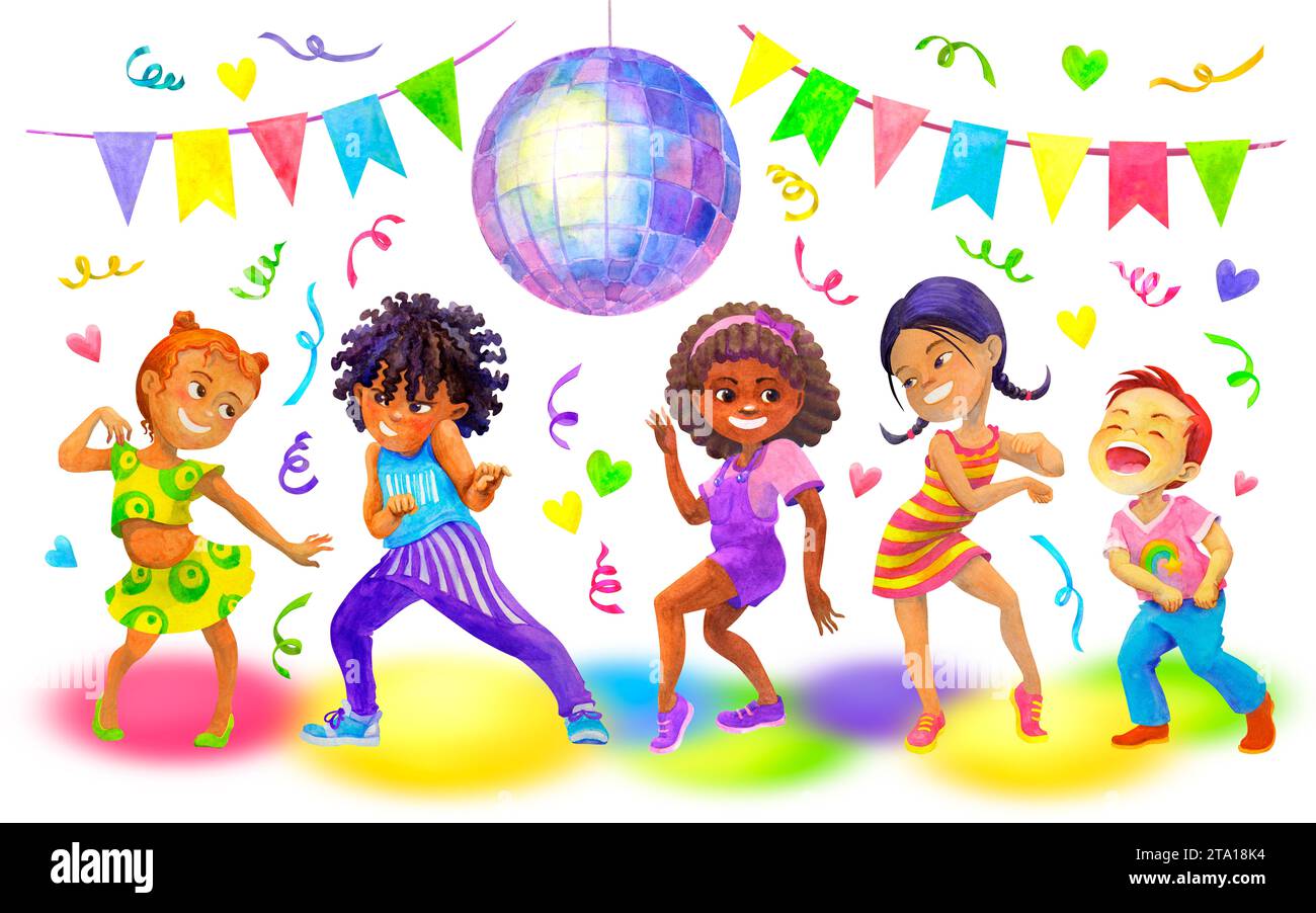 Heureux garçon multiculturel et filles dansant, s'amusant dans la fête d'enfants. Célébrer le concept. Illustration d'aquarelle isolée pour la conception de fête de danse Banque D'Images