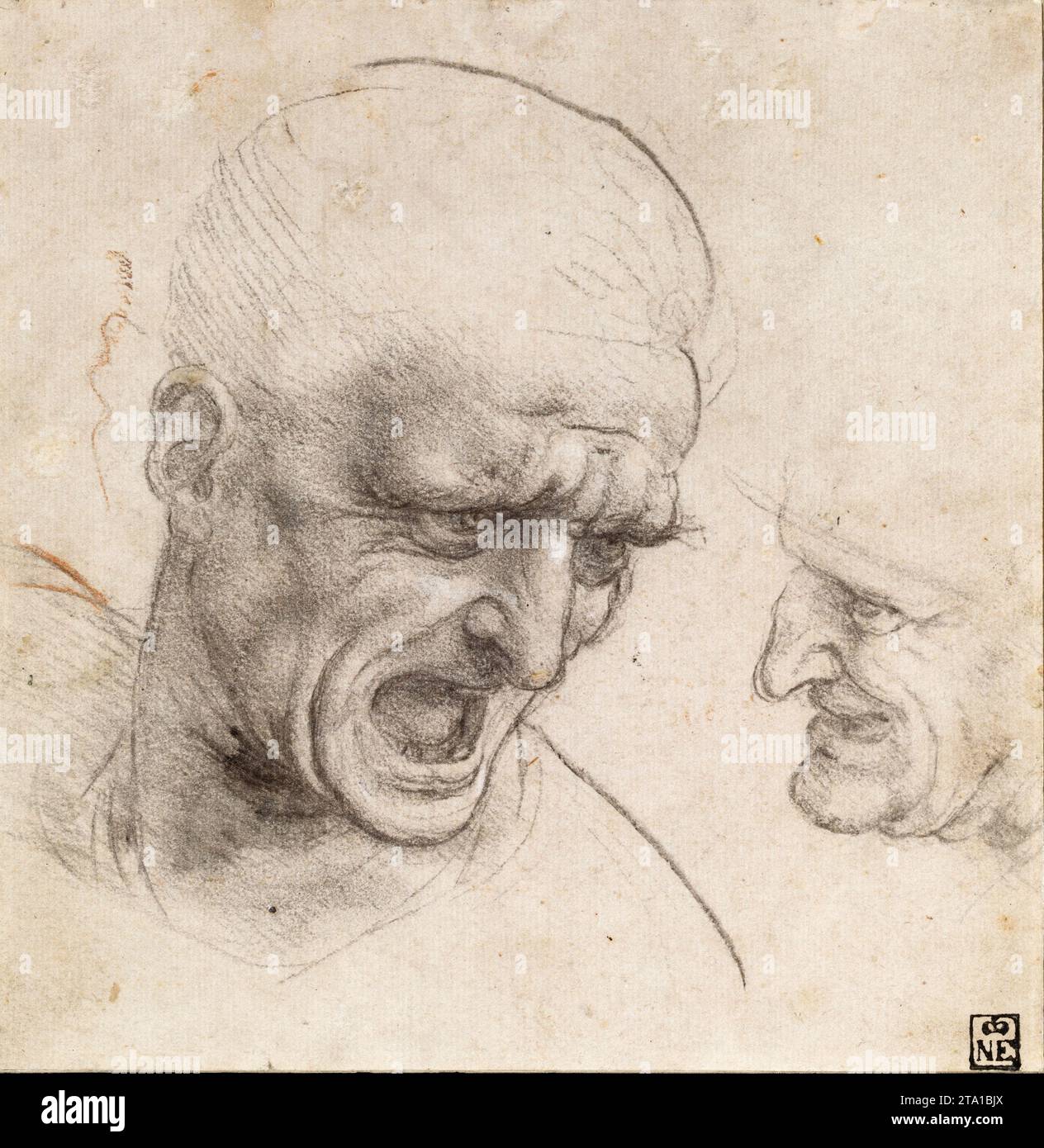 Leonardo Da Vinci - étude des têtes de deux guerriers pour la bataille d'Anghiari (c 1504-1505). Craie noire ou fusain, quelques traces de craie rouge sur paperjpg Banque D'Images