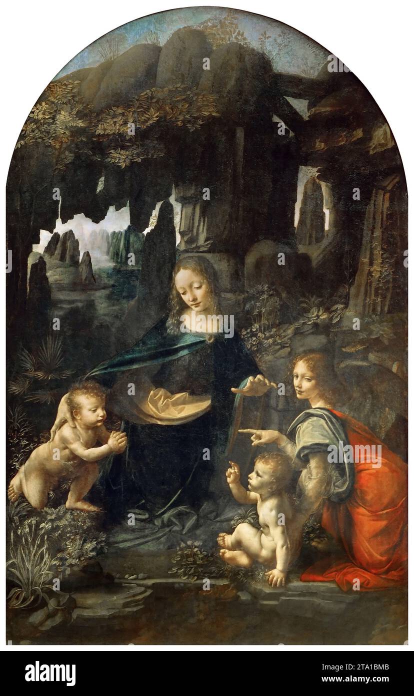 Léonard de Vinci - Vergine delle Rocce. Vierge Marie, Christ enfant, Jean le Baptiste. 1483-1486 Banque D'Images