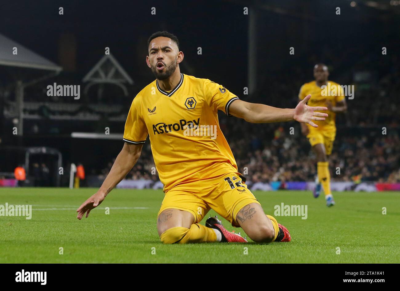 BUT 1-1, Matheus Cunha de Wolverhampton Wanderers célébration du but. - Fulham v Wolverhampton Wanderers, Premier League, Craven Cottage Stadium, Londres, Royaume-Uni - 27 novembre 2023. Usage éditorial uniquement - des restrictions DataCo s'appliquent. Banque D'Images