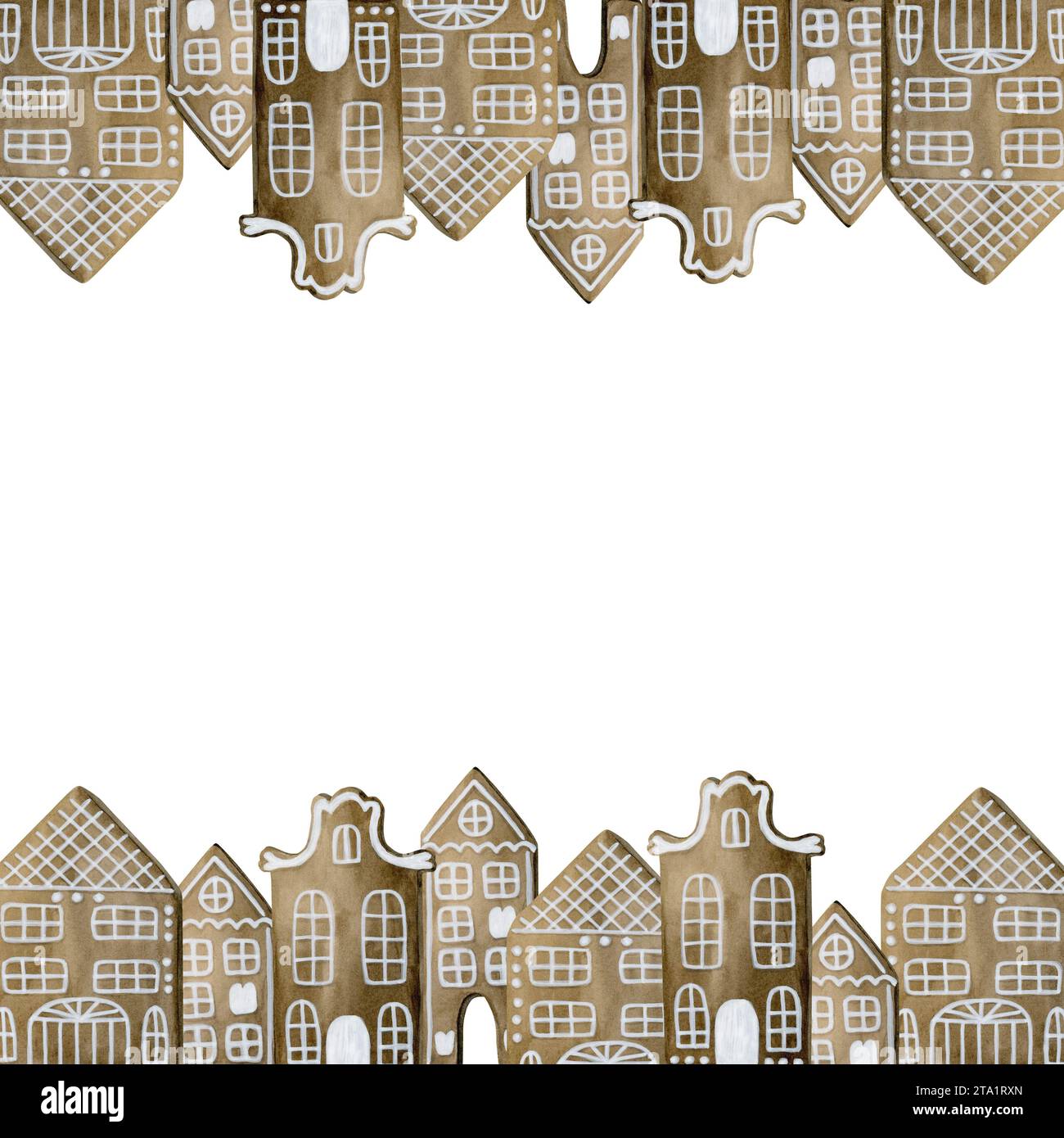 Cadre de maisons en pain d'épice avec glaçage blanc. Illustration d'aquarelle isolée sur fond blanc pour la conception de vacances d'hiver. Banque D'Images