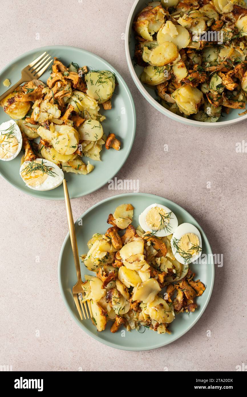 Délicieux dîners ou déjeuners copieux, pommes de terre jeunes frites avec des champignons forestiers Chanterelles à l'aneth, œufs durs, nourriture de saison Banque D'Images