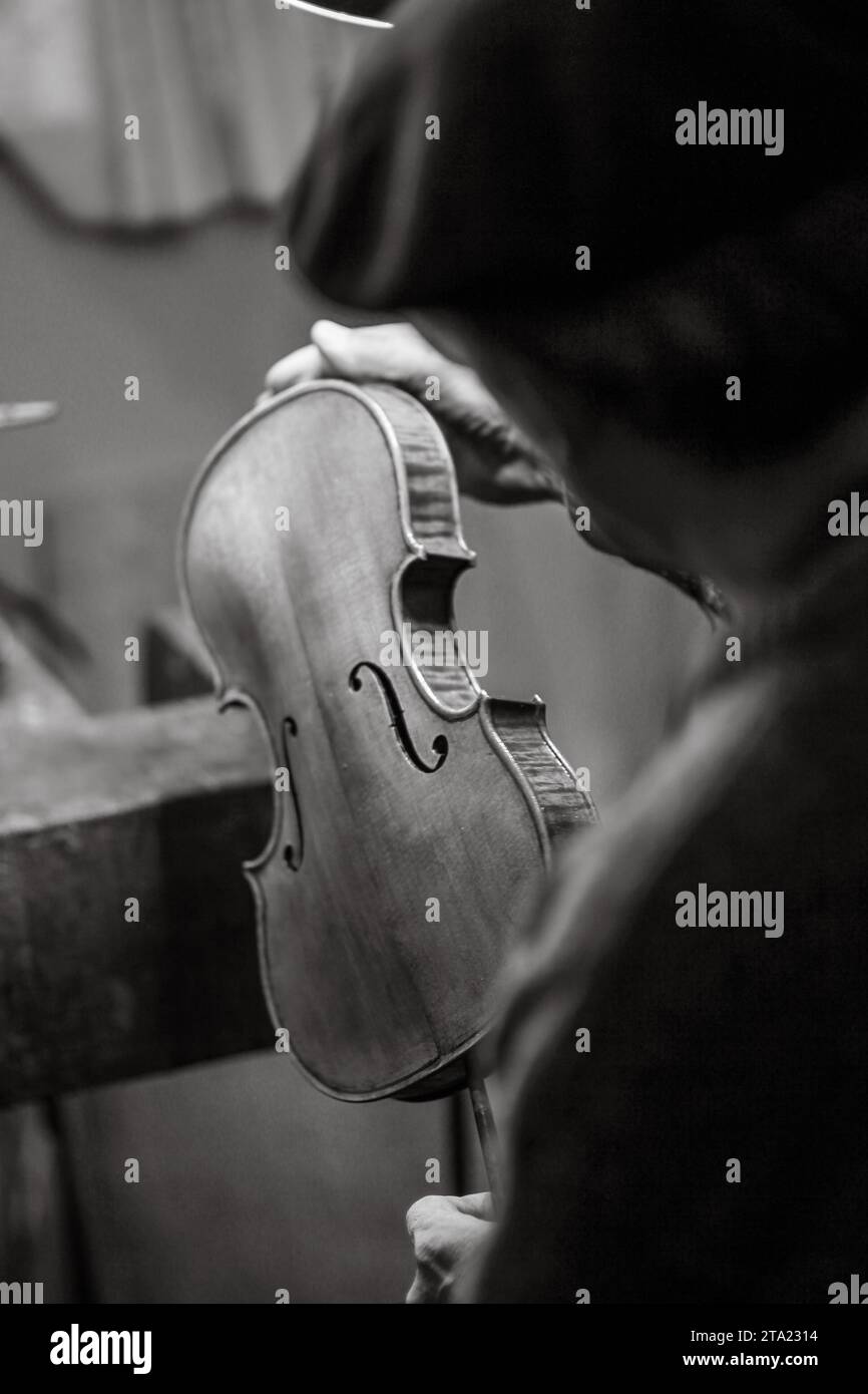 Luthier expert en violon senior, vieux vernis de contrôle de main froissé de peinture de violon à la main classique recette d'ingrédient naturel à Crémone Italie Banque D'Images