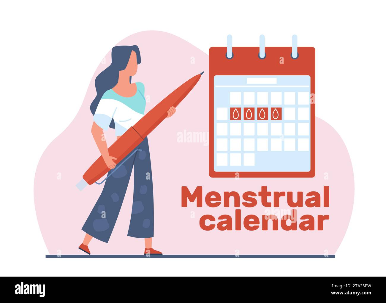Fille tient son calendrier menstruel. Femme près de la grande table avec des marques de période. SPM et ovulation, contrôle menstruel. Appareil reproducteur féminin Illustration de Vecteur