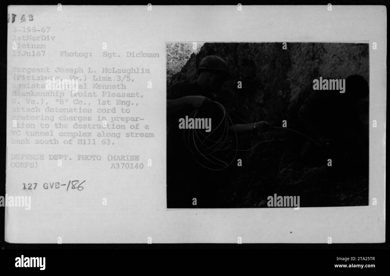 Le sergent Joseph L. McLaughlin de Lima 3/5, 1stMarDiv Vietnam, aide le caporal Kenneth Blankenship de 'B' Co., 1st Eng., à attacher le cordon de détonation aux charges de cratérisation. Ils se préparent à détruire un tunnel Viet Cong le long d'une rive de ruisseau au sud de la colline 63. Photographie prise le 15 juillet 1967 par le sergent Dickman. Banque D'Images