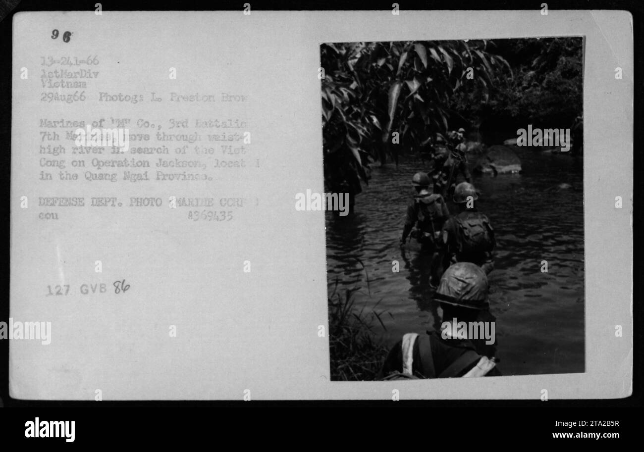 Les Marines de la 'Co., 3e Bataillon 7e Mariness' pataugent à travers une rivière à hauteur de la taille lors de l'opération Jackson dans la province de Quang Ngai le 29 août 1966. Ils cherchent le Viet Cong. Cette photographie a été prise par L. Preston Brow et fait partie d'une collection documentant les activités militaires américaines pendant la guerre du Vietnam. Banque D'Images