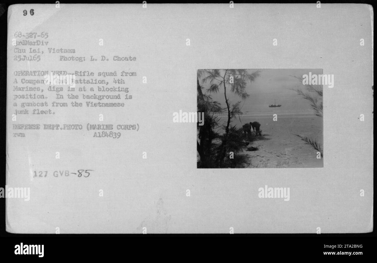 Une escouade de fusiliers de la compagnie A, 1e bataillon, 4e Marines, creuse à une position de blocage lors de l'opération WELD à Chu Lai, Vietnam le 25 juillet 1965. En arrière-plan, une canonnière de la flotte vietnamienne de jonque peut être vue. Cette photographie a été prise par L. D. Choate et est créditée au Département de la Défense (corps des Marines). Banque D'Images
