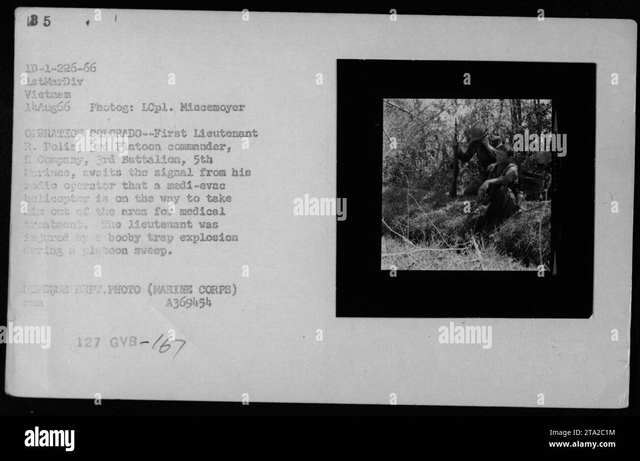 Le 1er lieutenant R. Polis, commandant du 3e peloton de la compagnie I, 3e bataillon, 5e Marines, attend un signal d'hélicoptère medevac de son opérateur radio pendant l'opération Colorado le 14 août 1966, après une blessure au piège au Vietnam. Banque D'Images