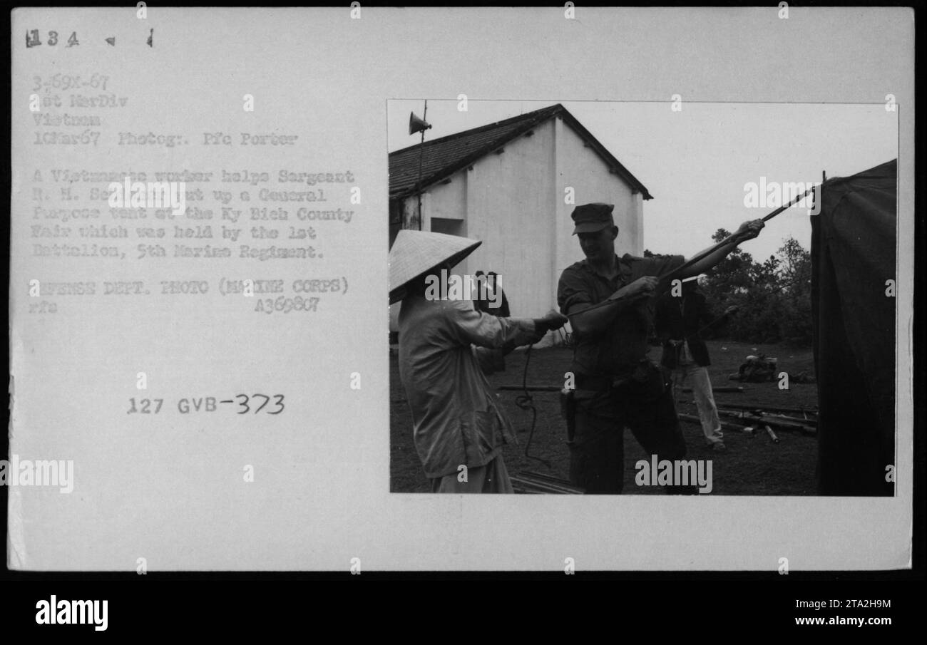 Un travailleur civil vietnamien aide le sergent R. H. Schimur à installer une tente à usage général à la foire du comté de Ky Bich. La foire a été organisée par le 5e régiment de Marines, Bataillon Lot pendant la guerre du Vietnam. Cette photographie a été prise le 10 mars 1967, et est créditée à Pre porter, un photographe du ministère de la Défense. Banque D'Images