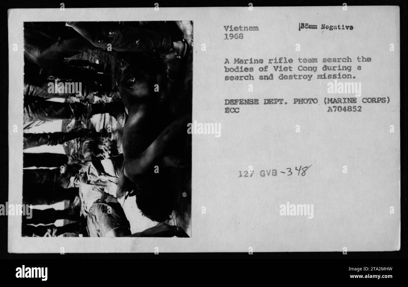 Équipe de fusils de marine fouillant les corps des victimes Viet Cong lors d'une mission de recherche et de destruction au Vietnam en 1968. Cette photographie capture les réalités de la guerre et les conséquences pour les deux parties impliquées dans la guerre du Vietnam. Crédit image : DEFENSE DEPT. PHOTO (MARINE CORPS) ECC A704852 127 GVB-348. Banque D'Images