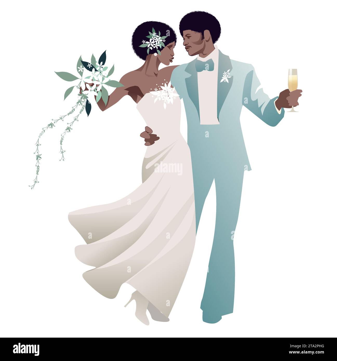 Couple de mariage élégant dansant funk, soul ou musique disco. Mariée portant une robe longue, bouquet et fleurs sur la tête, marié portant un tailleur. Illustration de Vecteur