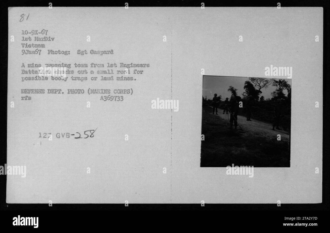 Le 9 janvier 1967, une équipe de balayage des mines du 1er Bataillon d'équipement lourd inspecte une route pour les pièges et les mines terrestres au Vietnam. Photographie du sergent Gaspard, Département de la Défense, corps des Marines. Banque D'Images