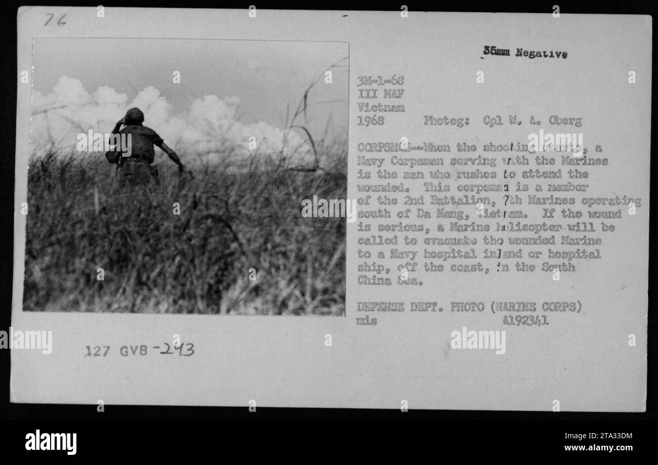 Un Corpsman de la Marine assiste un Marine blessé dans le cadre d'une évacuation médicale au Vietnam, 1968. Lorsque le combat commence, les cadavres sont les premiers à se précipiter pour fournir de l'aide. Ce Corpsman est un membre du 2e bataillon, 7e Marines opérant près de Da Nang. Si les blessures sont graves, un hélicoptère de la Marine est appelé pour évacuer les blessés vers un hôpital intérieur ou un navire-hôpital en mer de Chine méridionale. DEPT. DÉFENSE PHOTO (MARINE CORPS) Banque D'Images