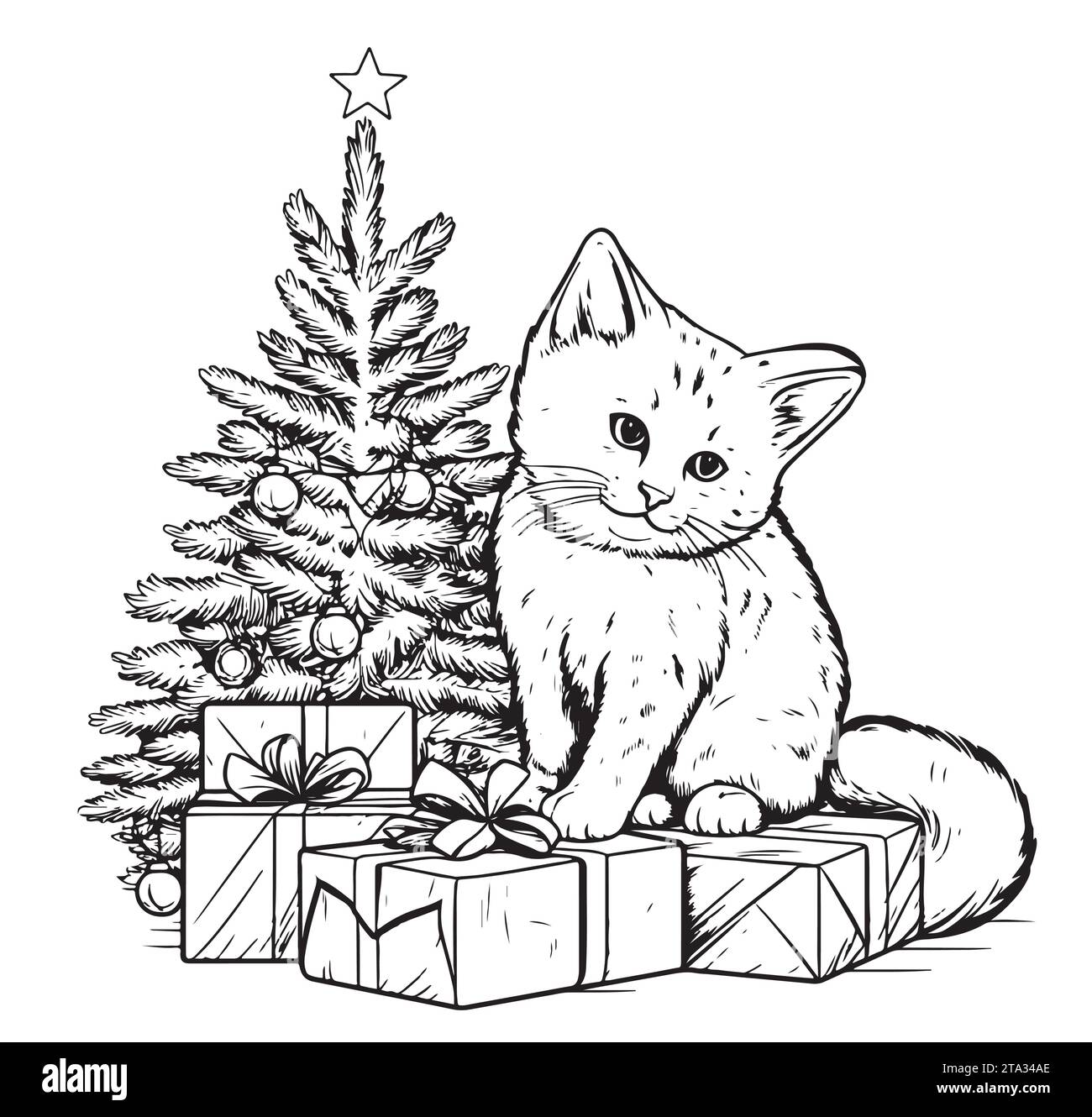 Chat de Noël mignon avec arbre de Noël et cadeaux dessinés à la main Illustrator Vector Illustration de Vecteur